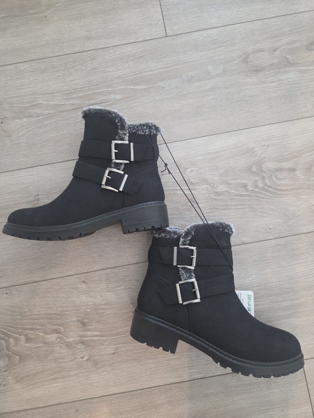 Spring Step Black Faux Fur-Trim Buckle Ankle Booties
